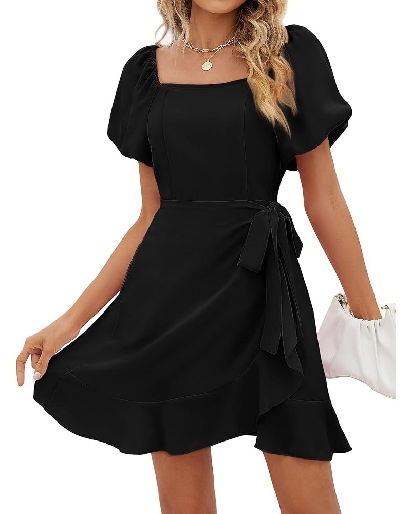 Womens Summer Tie Waist Dresses Square Neck Puff Sleeve Casual Dress 00-black $22.00 Dresses