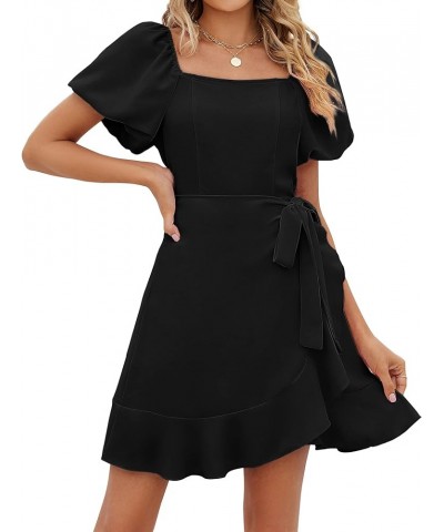 Womens Summer Tie Waist Dresses Square Neck Puff Sleeve Casual Dress 00-black $22.00 Dresses