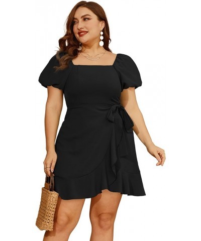 Womens Summer Tie Waist Dresses Square Neck Puff Sleeve Casual Dress 00-black $22.00 Dresses