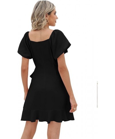 Womens Summer Tie Waist Dresses Square Neck Puff Sleeve Casual Dress 00-black $22.00 Dresses