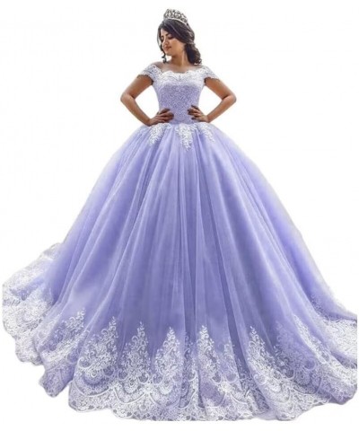 Off Shoulder Quinceanera Dresses Ball Gowns for Women 2022 Lace Puffy Tulle Long Prom Dresses with Train Dark Lavender $42.90...