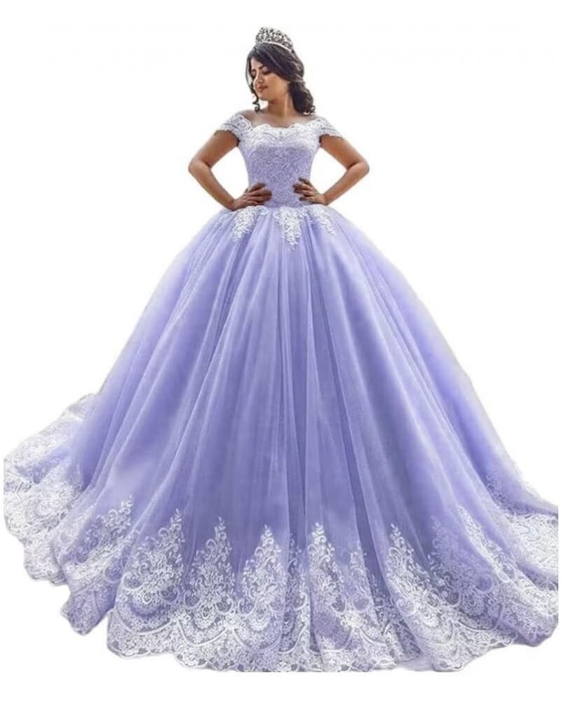 Off Shoulder Quinceanera Dresses Ball Gowns for Women 2022 Lace Puffy Tulle Long Prom Dresses with Train Dark Lavender $42.90...