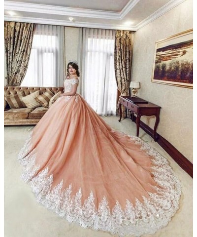 Off Shoulder Quinceanera Dresses Ball Gowns for Women 2022 Lace Puffy Tulle Long Prom Dresses with Train Dark Lavender $42.90...