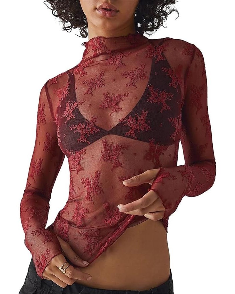 Lace Long Sleeve Tops for Women - Sexy Sheer Mock Neck Slim Fit Y2K Going Out Shirts Burgundy - Mesh $11.25 Tops