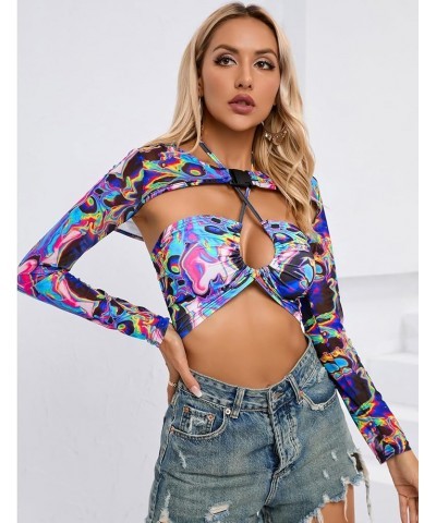 2023 Women's Rave Mesh See Through Crop Tops with Buckle Long Sleeve Sheer Shrug Outfits Festival Sexy Muticolored Blue $10.5...