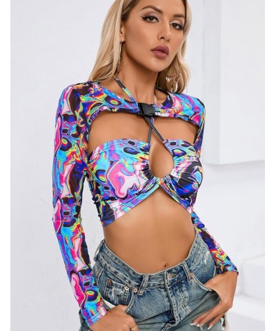 2023 Women's Rave Mesh See Through Crop Tops with Buckle Long Sleeve Sheer Shrug Outfits Festival Sexy Muticolored Blue $10.5...