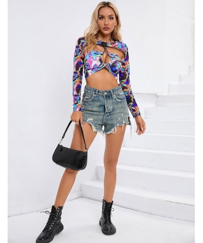 2023 Women's Rave Mesh See Through Crop Tops with Buckle Long Sleeve Sheer Shrug Outfits Festival Sexy Muticolored Blue $10.5...