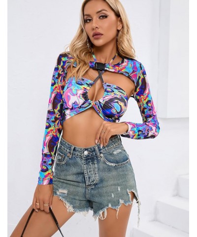 2023 Women's Rave Mesh See Through Crop Tops with Buckle Long Sleeve Sheer Shrug Outfits Festival Sexy Muticolored Blue $10.5...