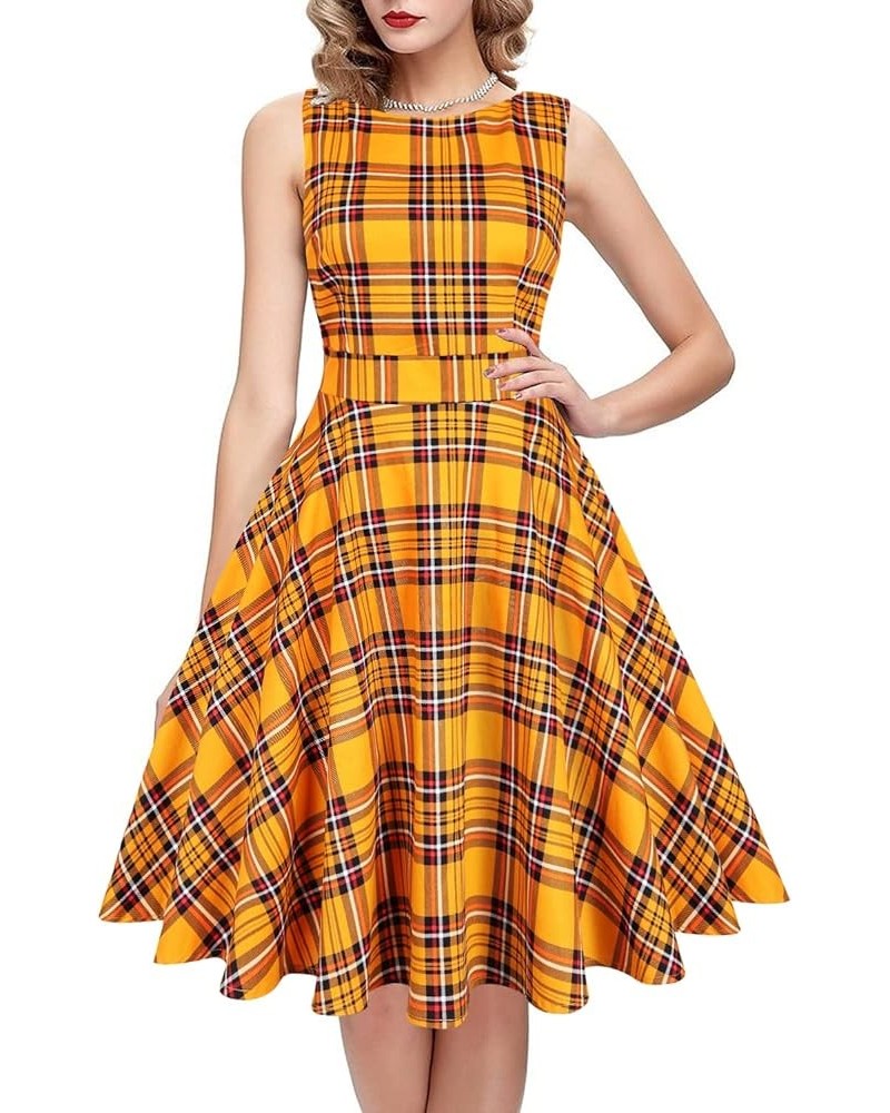 Vintage Tea Dress 1950's Floral Flare Casual Garden Retro Swing Party Cocktail Dress for Women 1-yellow-plaid $18.13 Dresses