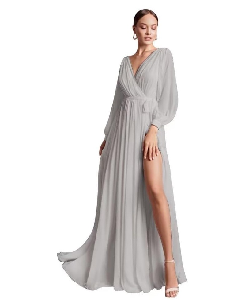 Long Sleeve Formal Dress Slit V Neck Chiffon Bridesmaid Dresses for Wedding Maxi Dress Light Grey $28.00 Dresses