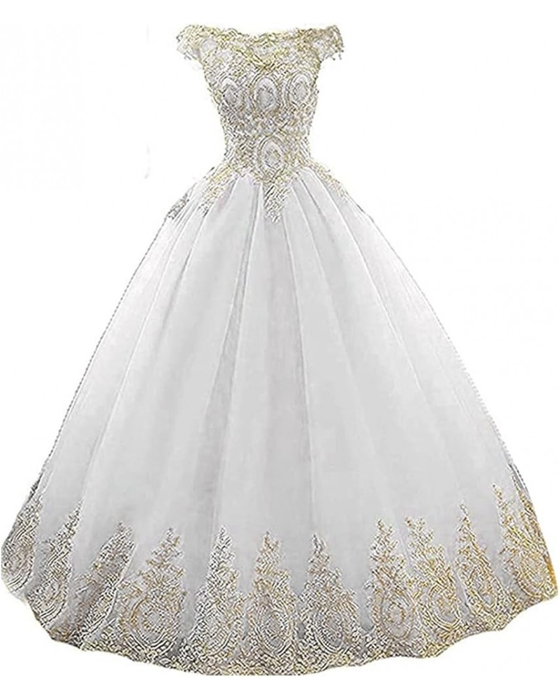 Ball Gown Sweet 16 Dress Quinceanera Formal Long Prom Dresses with Gold Applique Style4-white $36.40 Dresses