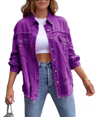 Jean Jacket Womens Denim Jacket Oversized Long Sleeve Denim Shacket Ripped Distressed Coat Purple $8.69 Jackets