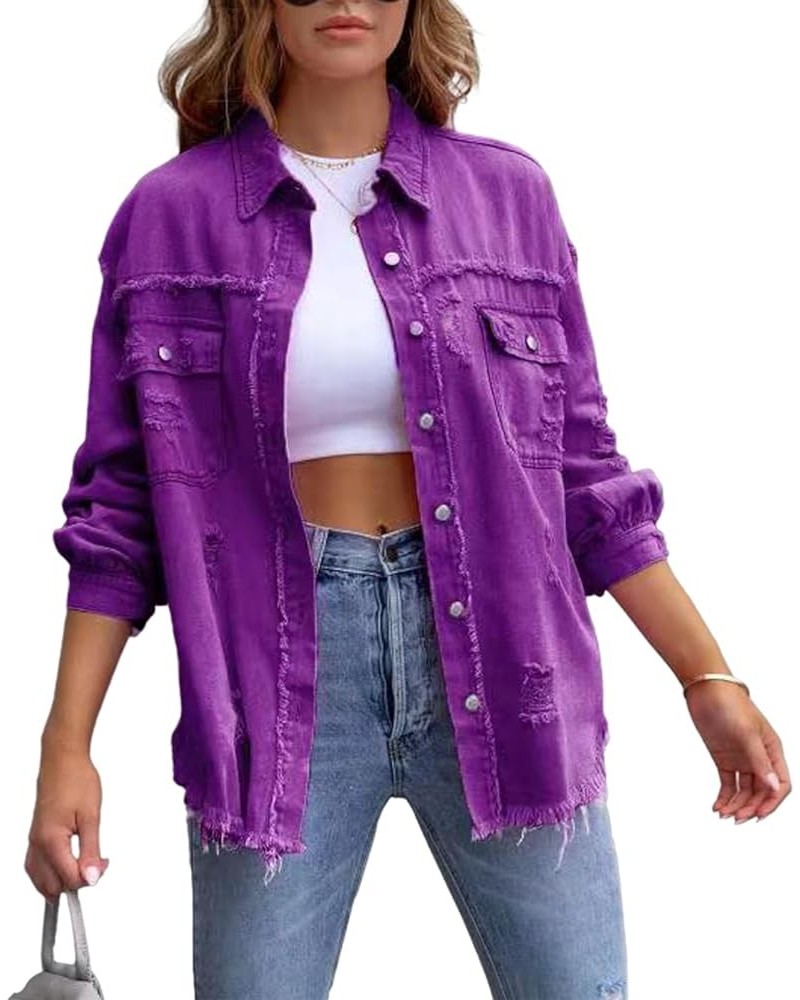 Jean Jacket Womens Denim Jacket Oversized Long Sleeve Denim Shacket Ripped Distressed Coat Purple $8.69 Jackets