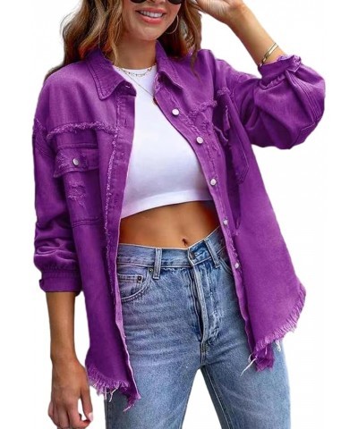 Jean Jacket Womens Denim Jacket Oversized Long Sleeve Denim Shacket Ripped Distressed Coat Purple $8.69 Jackets