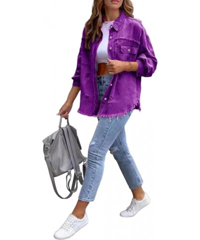 Jean Jacket Womens Denim Jacket Oversized Long Sleeve Denim Shacket Ripped Distressed Coat Purple $8.69 Jackets