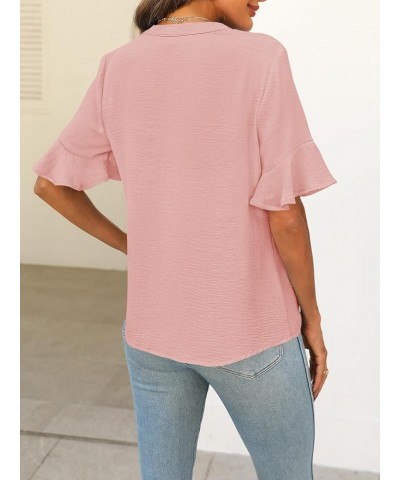 Women's 2024 Summer Casual Blouses Dressy Ruffle Sleeve V Neck Shirts Pink $13.63 Blouses