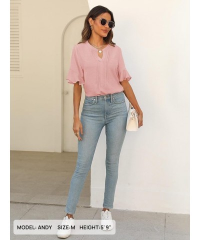 Women's 2024 Summer Casual Blouses Dressy Ruffle Sleeve V Neck Shirts Pink $13.63 Blouses