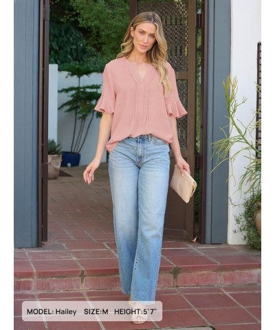 Women's 2024 Summer Casual Blouses Dressy Ruffle Sleeve V Neck Shirts Pink $13.63 Blouses