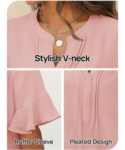 Women's 2024 Summer Casual Blouses Dressy Ruffle Sleeve V Neck Shirts Pink $13.63 Blouses