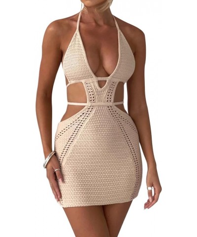 Womens Halter Mini Dress Crochet Knit Sleeveless Tie Backless Bodycon Short Dress Hollow Out Knitted Beach Sundress B Cut Kha...