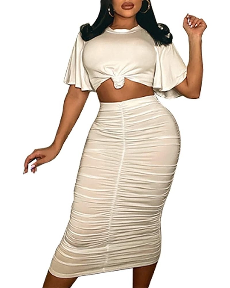 Women's 2 Piece Skirt Sets Ruffle Short Sleeve Crop Top and Ruched Bodycon Midi Dress Sets White - New $16.49 Suits