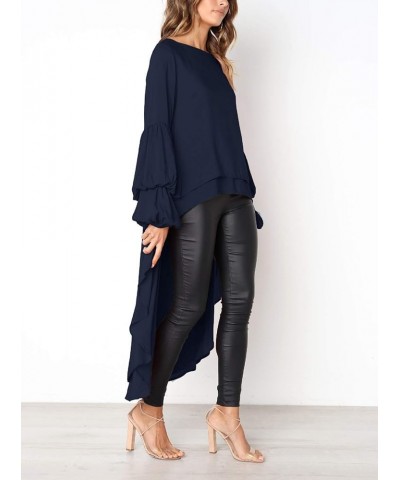 High Low Tops for Women - Ruffle Bodycon Peplum Asymmetrical Tunic Shirt Dresses K-nevy Blue $26.51 Tops