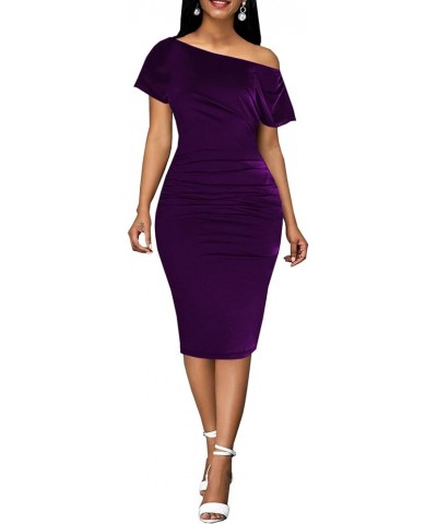 Bodycon Off Shoulder Midi Dresses for Women Casual Ruched Short Sleeve Split Club Party Mini Dress 237-purple $19.37 Dresses