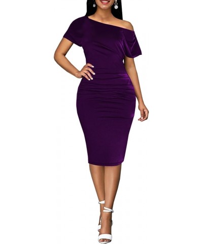 Bodycon Off Shoulder Midi Dresses for Women Casual Ruched Short Sleeve Split Club Party Mini Dress 237-purple $19.37 Dresses