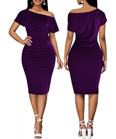 Bodycon Off Shoulder Midi Dresses for Women Casual Ruched Short Sleeve Split Club Party Mini Dress 237-purple $19.37 Dresses