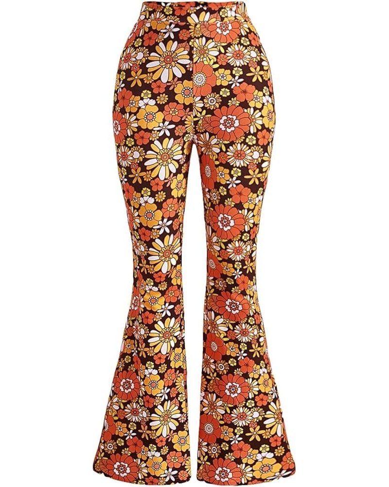 Women's 70s Floral Print Flare Leg Pants Casual High Waisted Long Trousers Light Orange $14.00 Pants