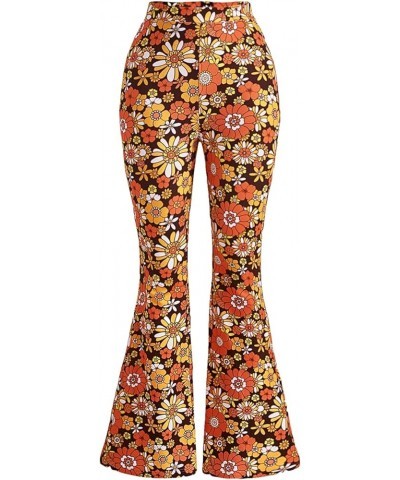 Women's 70s Floral Print Flare Leg Pants Casual High Waisted Long Trousers Light Orange $14.00 Pants