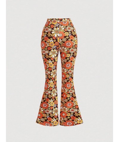 Women's 70s Floral Print Flare Leg Pants Casual High Waisted Long Trousers Light Orange $14.00 Pants