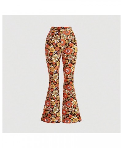 Women's 70s Floral Print Flare Leg Pants Casual High Waisted Long Trousers Light Orange $14.00 Pants