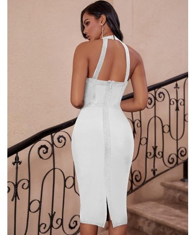 Women's Bandage Halter V Neck Midi Cocktial Bodycon Club Party Dress White $32.50 Dresses