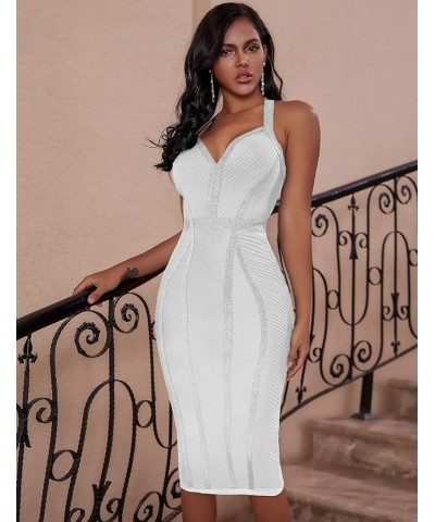 Women's Bandage Halter V Neck Midi Cocktial Bodycon Club Party Dress White $32.50 Dresses