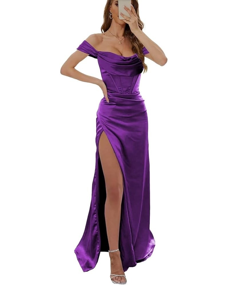 Mermaid Satin Prom Dresses Off Shoulder Long Ball Gown with High Slit Formal Evening Gown Purple $34.50 Dresses