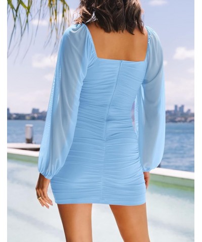 Women's Sexy V Neck Ruched Bodycon Mini Dress Puff Long Sleeve Cocktail Wedding Party Short Dresses Lightblue $16.10 Dresses