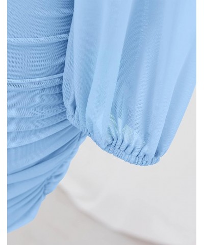 Women's Sexy V Neck Ruched Bodycon Mini Dress Puff Long Sleeve Cocktail Wedding Party Short Dresses Lightblue $16.10 Dresses