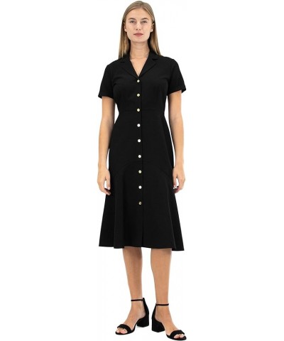 Women's Short Sleeve Button Front Shirt Dress with Ruffle Bottom Very Black $25.43 Dresses