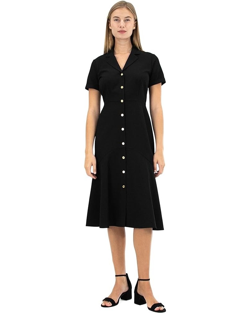 Women's Short Sleeve Button Front Shirt Dress with Ruffle Bottom Very Black $25.43 Dresses