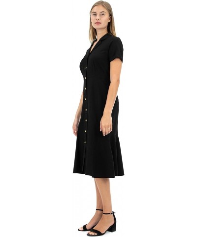 Women's Short Sleeve Button Front Shirt Dress with Ruffle Bottom Very Black $25.43 Dresses