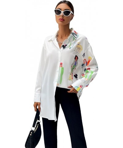 Women's Figure Graphic Colorful Button Down Shirts Long Sleeve Collared Shirt Blouse Tops White Multi $16.42 Blouses