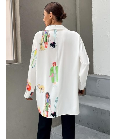 Women's Figure Graphic Colorful Button Down Shirts Long Sleeve Collared Shirt Blouse Tops White Multi $16.42 Blouses