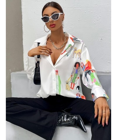 Women's Figure Graphic Colorful Button Down Shirts Long Sleeve Collared Shirt Blouse Tops White Multi $16.42 Blouses