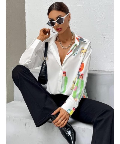 Women's Figure Graphic Colorful Button Down Shirts Long Sleeve Collared Shirt Blouse Tops White Multi $16.42 Blouses