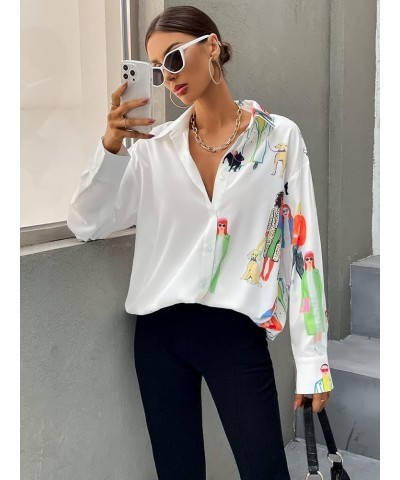 Women's Figure Graphic Colorful Button Down Shirts Long Sleeve Collared Shirt Blouse Tops White Multi $16.42 Blouses