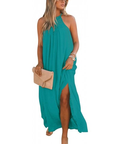 Sleeveless Long Dress for Women Boho Halter Maxi Dresses Casual Loose Sundress Split Cover Up Gown with Pockets Peacock $24.9...