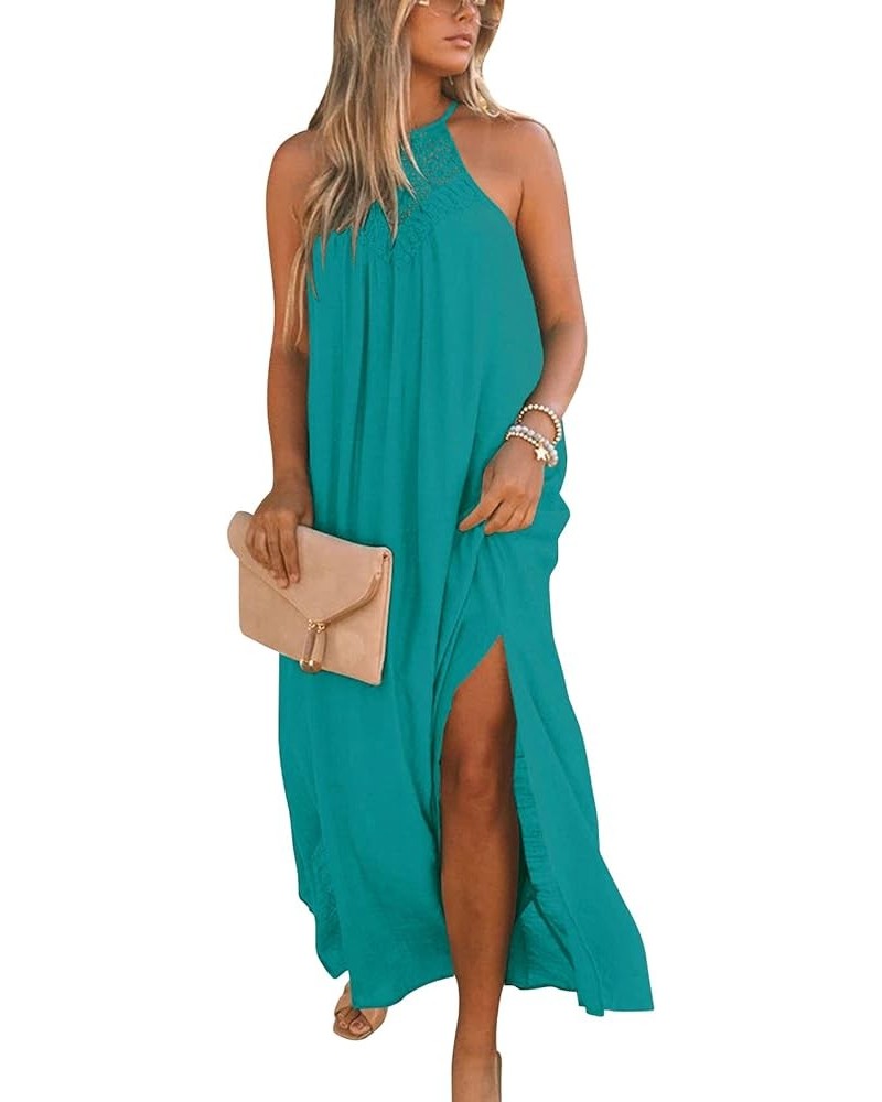 Sleeveless Long Dress for Women Boho Halter Maxi Dresses Casual Loose Sundress Split Cover Up Gown with Pockets Peacock $24.9...