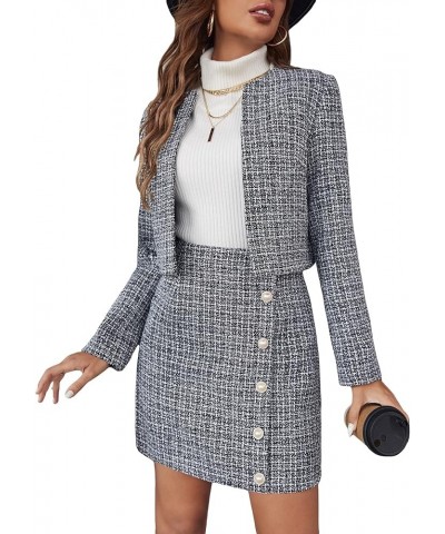 Women's 2 Piece Outfits Plaid Open Front Jacket and Button Front Mini Skirt Set Black and White $26.09 Suits