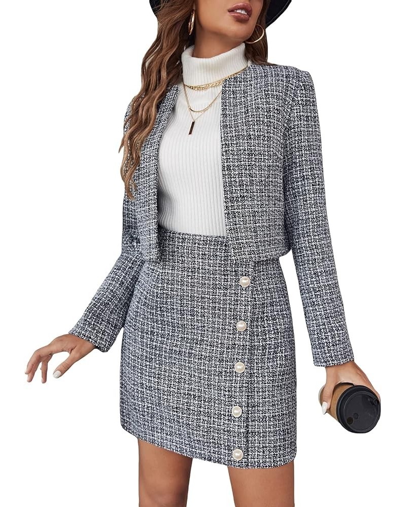 Women's 2 Piece Outfits Plaid Open Front Jacket and Button Front Mini Skirt Set Black and White $26.09 Suits